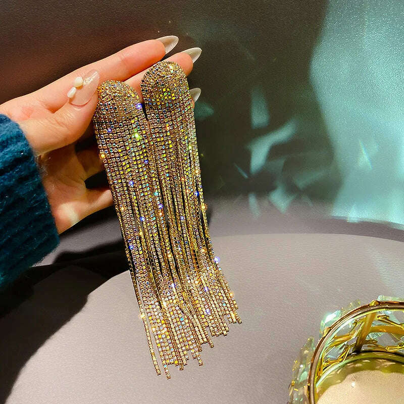 KIMLUD, Long Tassel Rhinestone Drop Earrings for Women Oversize Crystal Dangle Earrings Fashion Wedding Jewelry Gift, gold HE4335-1, KIMLUD Womens Clothes