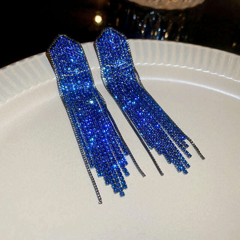 KIMLUD, Long Tassel Rhinestone Drop Earrings for Women Oversize Crystal Dangle Earrings Fashion Wedding Jewelry Gift, blue HE9928-3, KIMLUD Womens Clothes