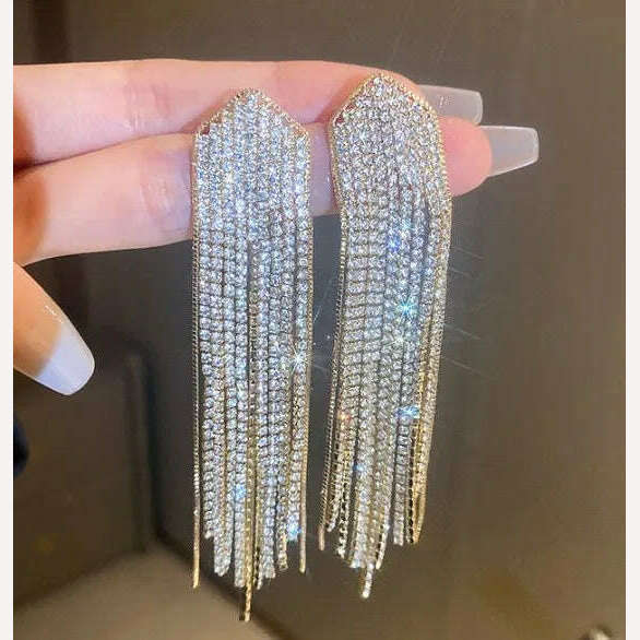 KIMLUD, Long Tassel Rhinestone Drop Earrings for Women Oversize Crystal Dangle Earrings Fashion Wedding Jewelry Gift, HE9928-2, KIMLUD Womens Clothes