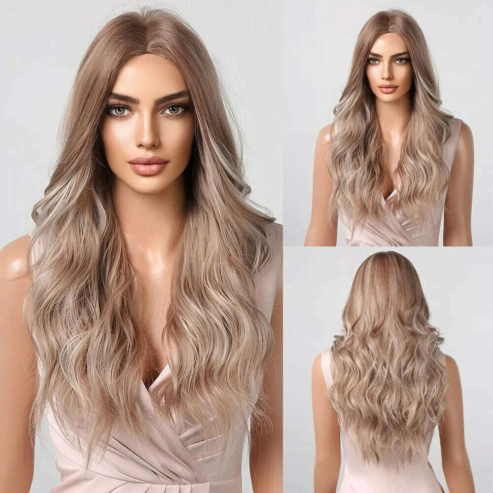 KIMLUD, Long Wavy Wigs White Blonde Brown Roots Synthetic Natural Wave Hair Cosplay Wigs for Women High Temperature Fiber Middle Part, KIMLUD Womens Clothes