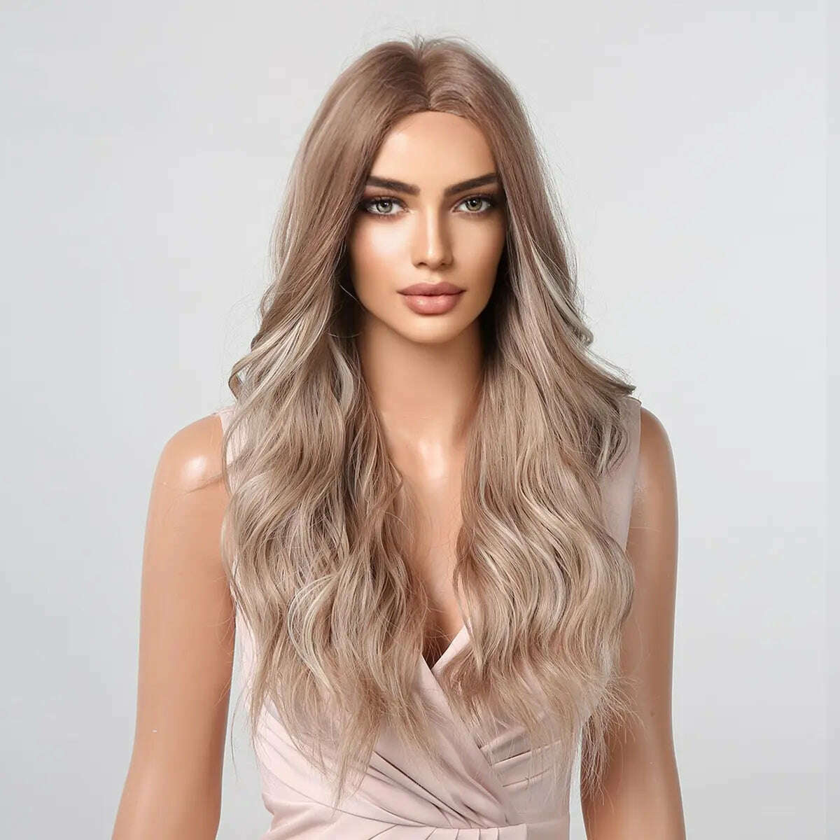 KIMLUD, Long Wavy Wigs White Blonde Brown Roots Synthetic Natural Wave Hair Cosplay Wigs for Women High Temperature Fiber Middle Part, KIMLUD Womens Clothes