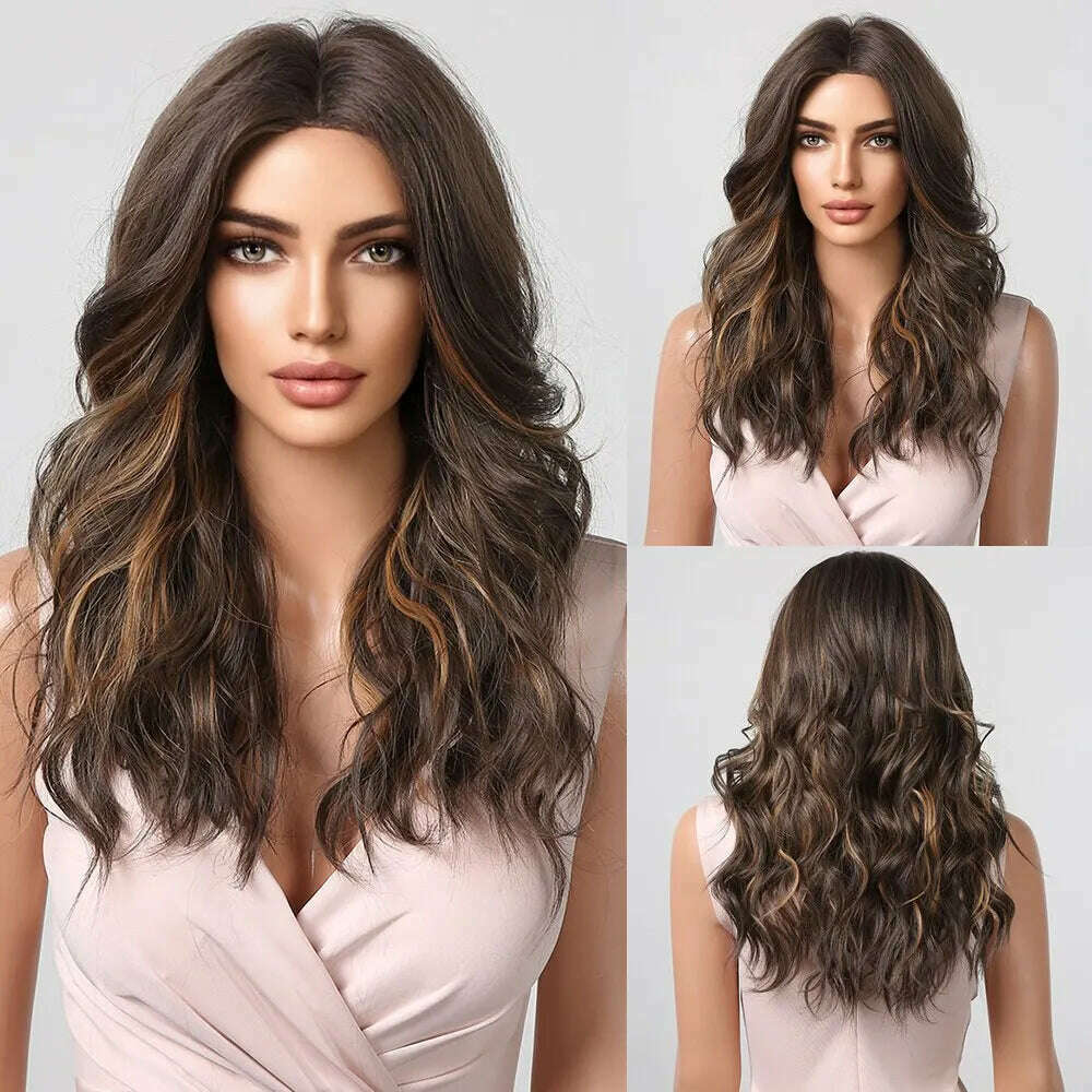 KIMLUD, Long Wavy Wigs White Blonde Brown Roots Synthetic Natural Wave Hair Cosplay Wigs for Women High Temperature Fiber Middle Part, KIMLUD Womens Clothes