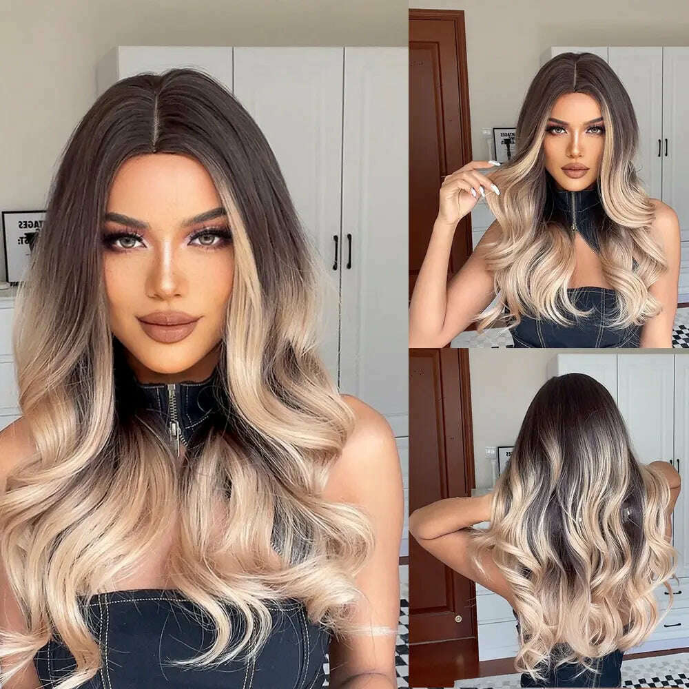 KIMLUD, Long Wavy Wigs White Blonde Brown Roots Synthetic Natural Wave Hair Cosplay Wigs for Women High Temperature Fiber Middle Part, KIMLUD Womens Clothes