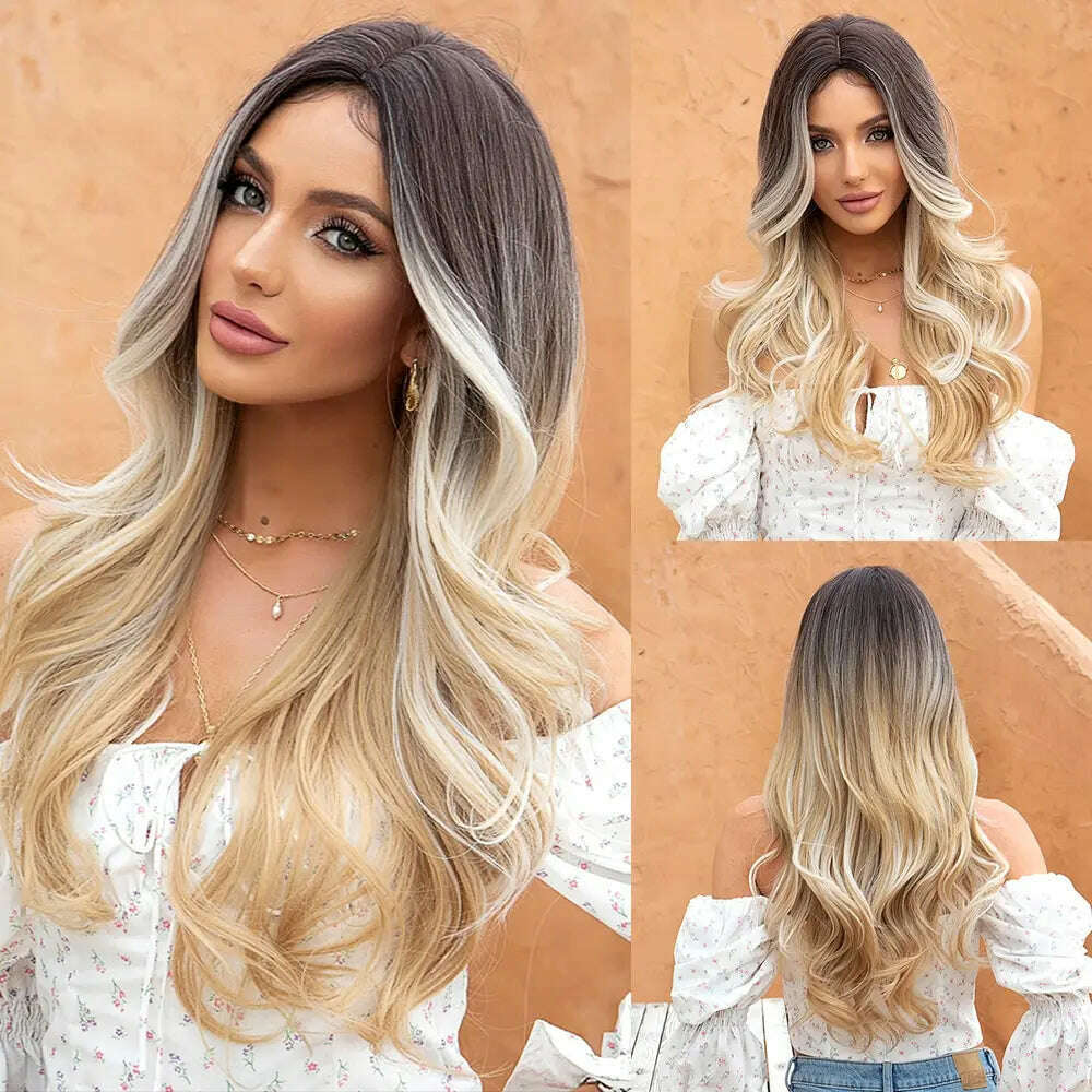 KIMLUD, Long Wavy Wigs White Blonde Brown Roots Synthetic Natural Wave Hair Cosplay Wigs for Women High Temperature Fiber Middle Part, lc033-1, KIMLUD APPAREL - Womens Clothes