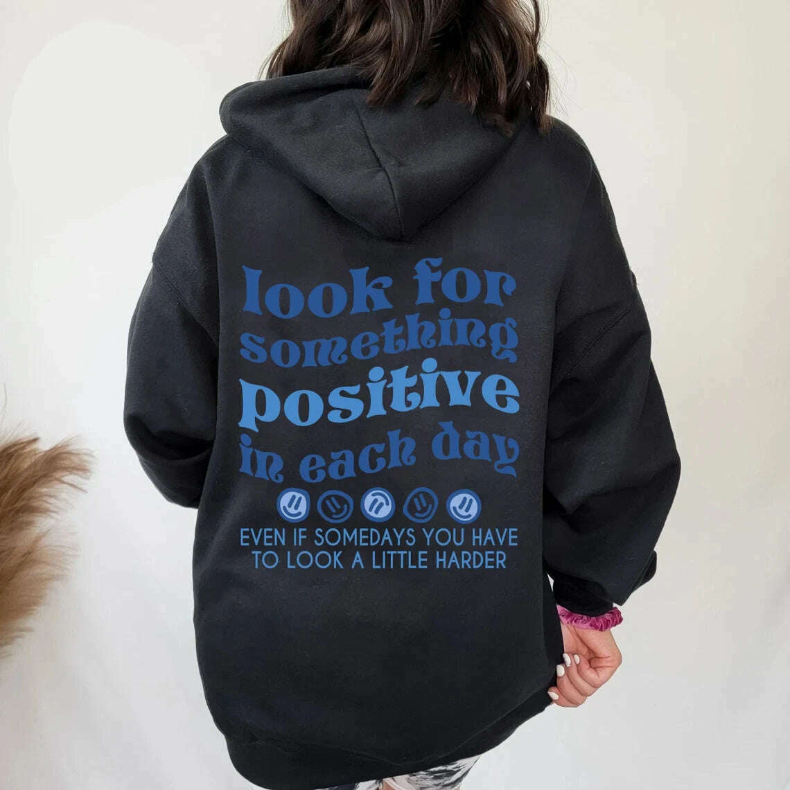 KIMLUD, Look For Something Positive In Each Day Blue Print Women Hoodies All-Match Street For Unisex Autumn Pocket Sportswear Loose Tops, Black / S, KIMLUD Womens Clothes