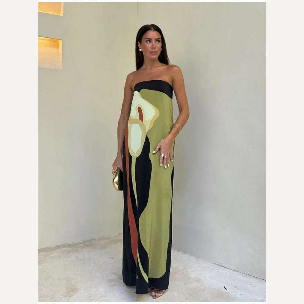 KIMLUD, Loose Print Off Shoulder Strapless Maxi Dress Women Contrast Backless Sleeveless Robes 2024 Fashion Female Holiday Beach Vestido, KIMLUD Womens Clothes
