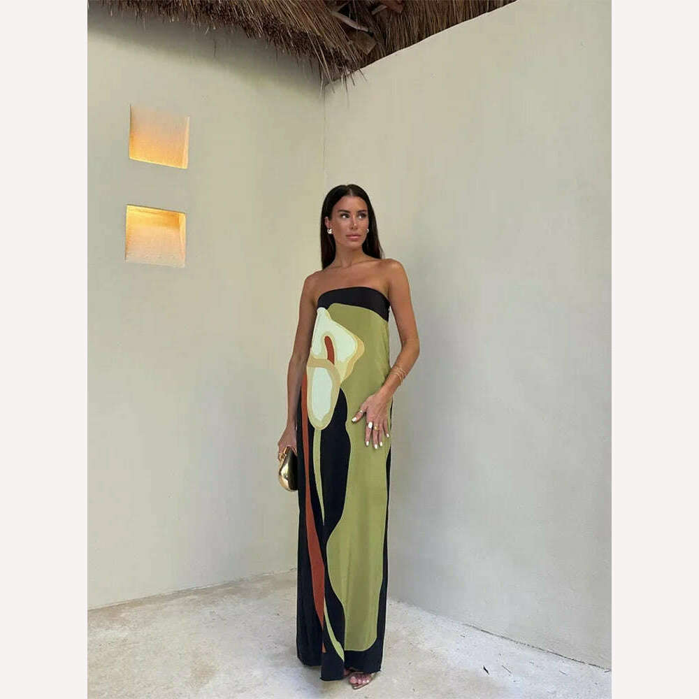 KIMLUD, Loose Print Off Shoulder Strapless Maxi Dress Women Contrast Backless Sleeveless Robes 2024 Fashion Female Holiday Beach Vestido, KIMLUD Womens Clothes