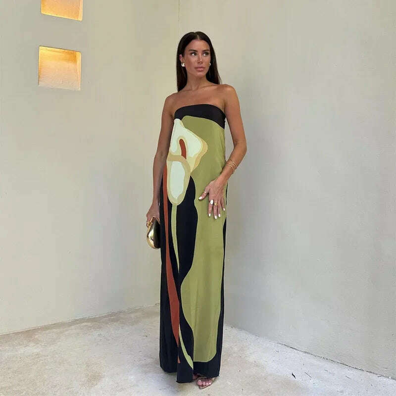 KIMLUD, Loose Print Off Shoulder Strapless Maxi Dress Women Contrast Backless Sleeveless Robes 2024 Fashion Female Holiday Beach Vestido, Green / S, KIMLUD Womens Clothes