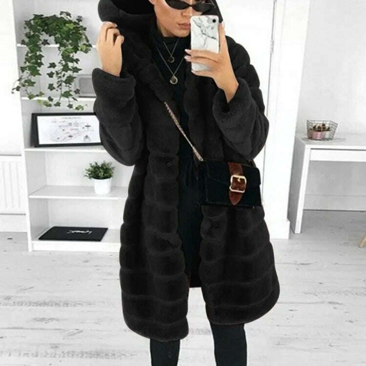 KIMLUD, Loose Winter Temperament Korean Style Wild Plush Thick Hooded Ladies Jacket, KIMLUD Womens Clothes