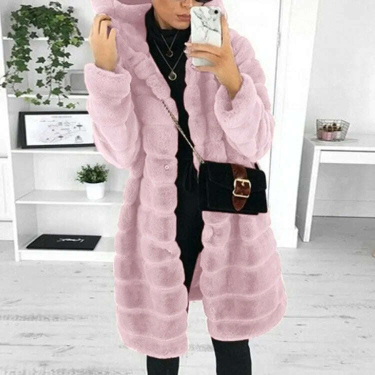 KIMLUD, Loose Winter Temperament Korean Style Wild Plush Thick Hooded Ladies Jacket, KIMLUD Womens Clothes