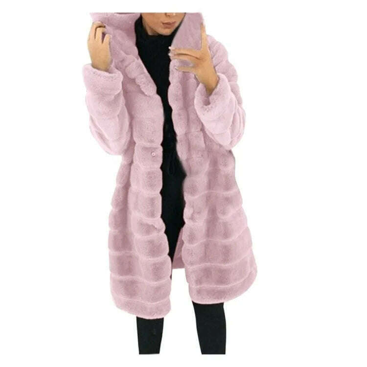 KIMLUD, Loose Winter Temperament Korean Style Wild Plush Thick Hooded Ladies Jacket, Pink / XXXXL, KIMLUD Women's Clothes