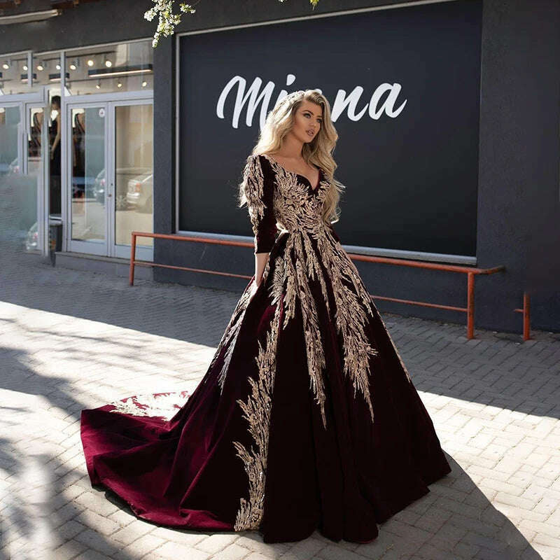LORIE Ball Gown Formal Burgundy Evening Dresses Gold Lace Appliqued Dubai Arabic Celebrity V Neck Long Sleeve Pageant Prom Gowns - KIMLUD