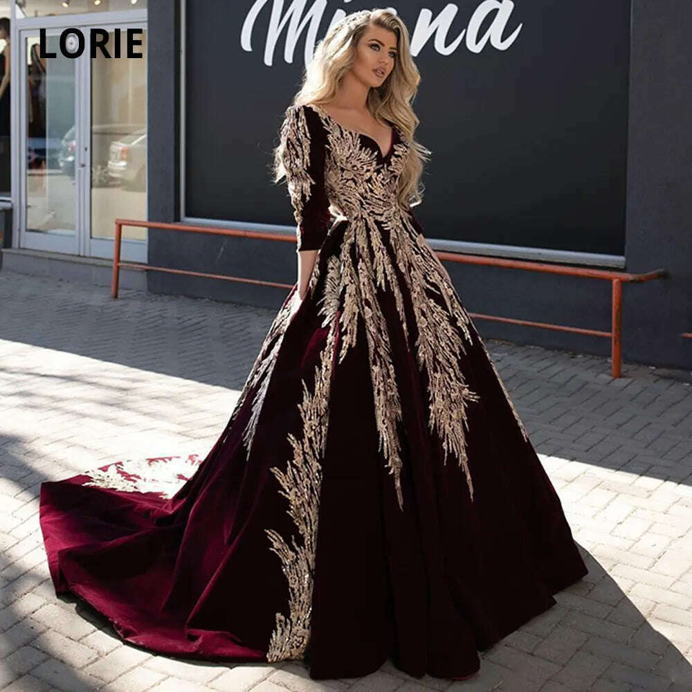 LORIE Ball Gown Formal Burgundy Evening Dresses Gold Lace Appliqued Dubai Arabic Celebrity V Neck Long Sleeve Pageant Prom Gowns - KIMLUD