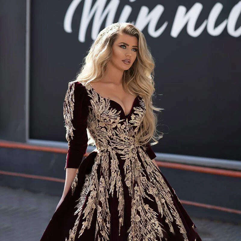 LORIE Ball Gown Formal Burgundy Evening Dresses Gold Lace Appliqued Dubai Arabic Celebrity V Neck Long Sleeve Pageant Prom Gowns - KIMLUD