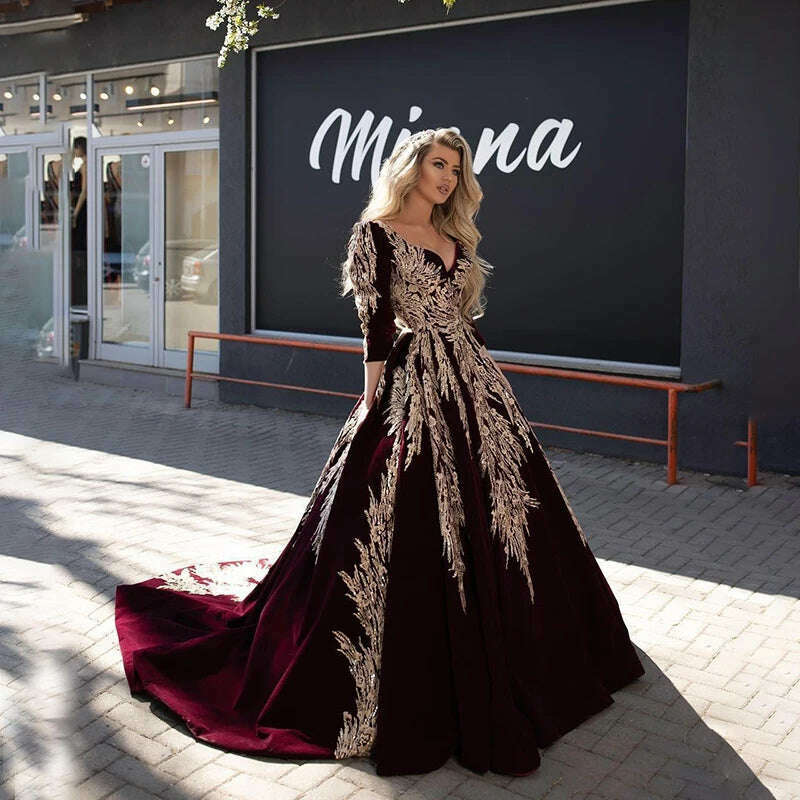 KIMLUD, LORIE Ball Gown Formal Burgundy Evening Dresses Gold Lace Appliqued Dubai Arabic Celebrity V Neck Long Sleeve Pageant Prom Gowns, KIMLUD Womens Clothes