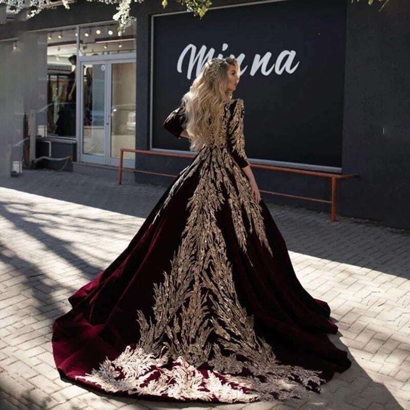 LORIE Ball Gown Formal Burgundy Evening Dresses Gold Lace Appliqued Dubai Arabic Celebrity V Neck Long Sleeve Pageant Prom Gowns - KIMLUD