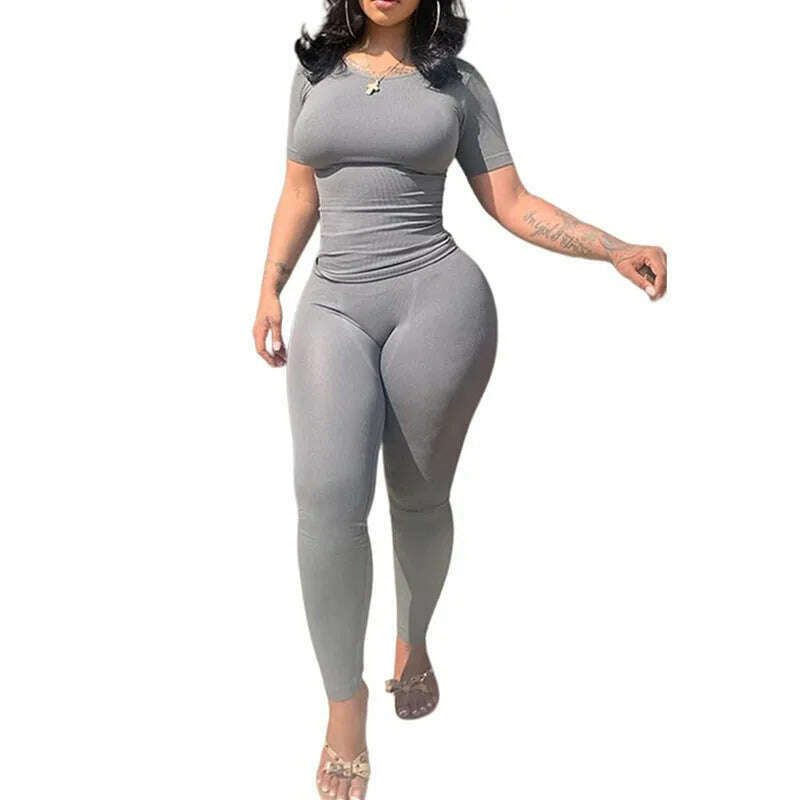 Lounge Wear Ribbed Casual 2 Piece Summer Shorts Set For Women Sleeve Top+Elastic Leggings Outfits - KIMLUD