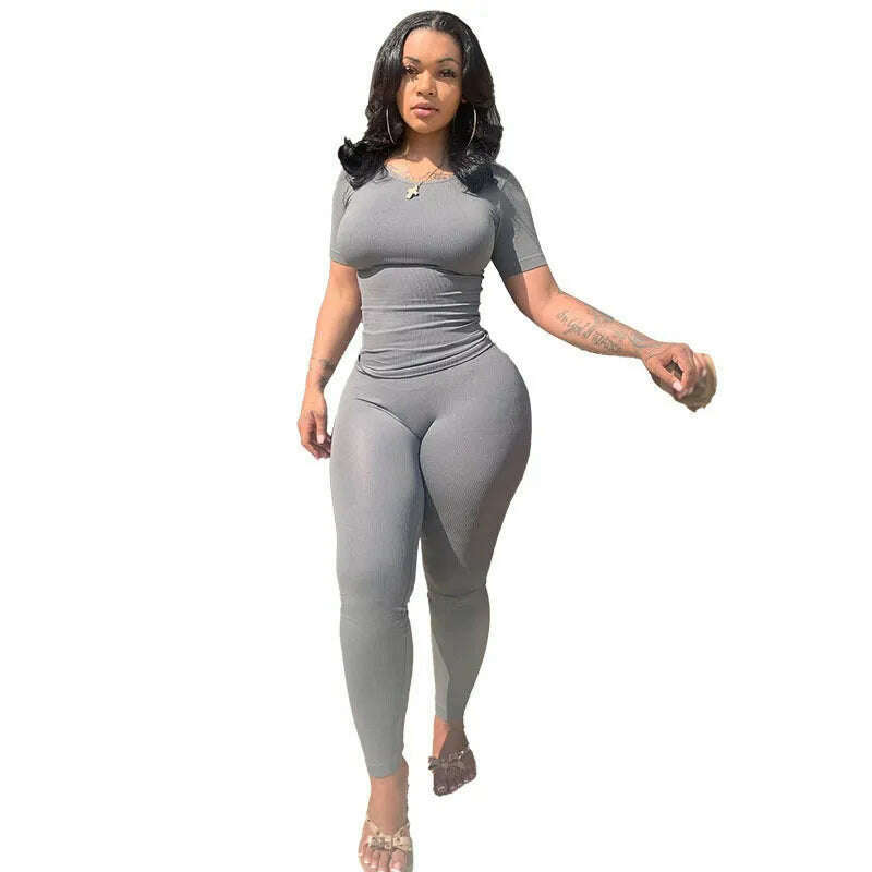 KIMLUD, Lounge Wear Ribbed Casual 2 Piece Summer Shorts Set For Women  Sleeve Top+Elastic Leggings Outfits, Silver gray / S, KIMLUD Womens Clothes