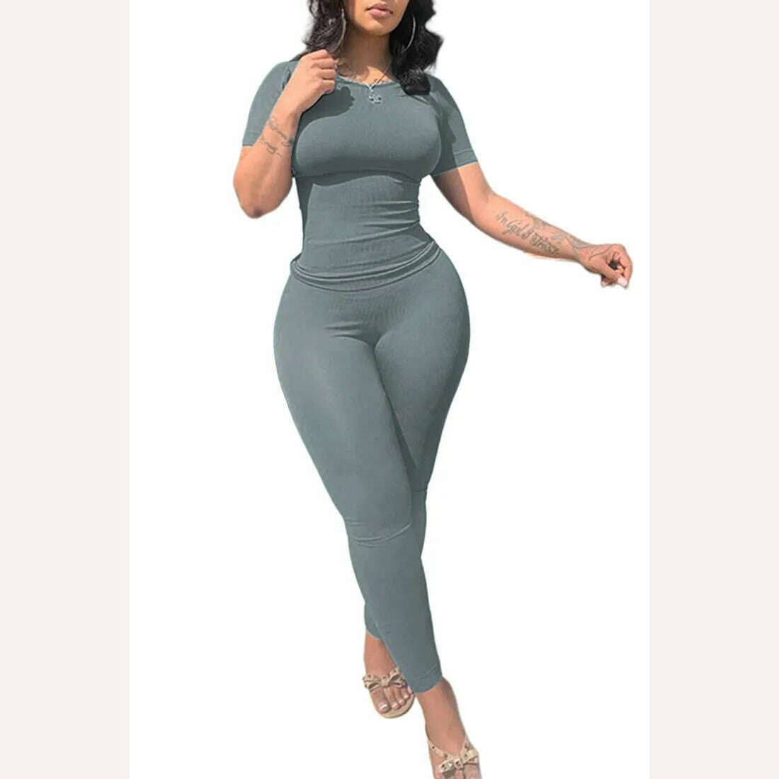 KIMLUD, Lounge Wear Ribbed Casual 2 Piece Summer Shorts Set For Women  Sleeve Top+Elastic Leggings Outfits, Grayish blue / S, KIMLUD Womens Clothes