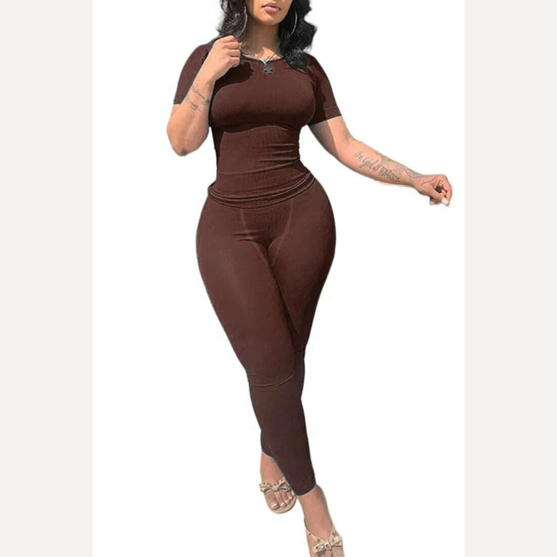 KIMLUD, Lounge Wear Ribbed Casual 2 Piece Summer Shorts Set For Women  Sleeve Top+Elastic Leggings Outfits, Dark brown / S, KIMLUD Womens Clothes