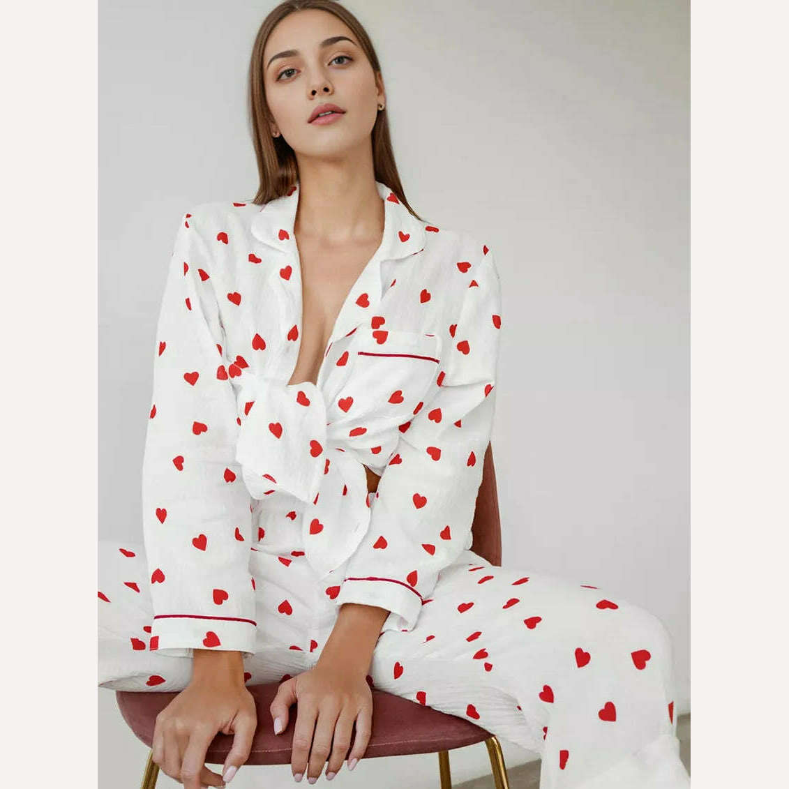 KIMLUD, Love Printed Women's Pajamas Set Sweet Heart 100%Cotton Sleepwear Comfort Double-layer Gauze Lovely Cute Two Piece Set Nightwear, KIMLUD Womens Clothes