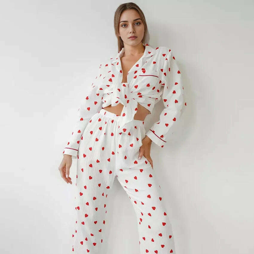 KIMLUD, Love Printed Women's Pajamas Set Sweet Heart 100%Cotton Sleepwear Comfort Double-layer Gauze Lovely Cute Two Piece Set Nightwear, KIMLUD Womens Clothes