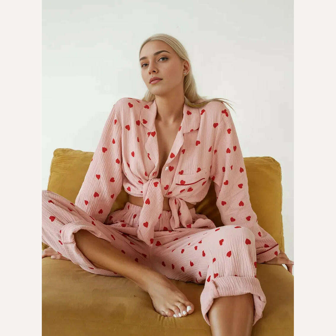 KIMLUD, Love Printed Women's Pajamas Set Sweet Heart 100%Cotton Sleepwear Comfort Double-layer Gauze Lovely Cute Two Piece Set Nightwear, KIMLUD Womens Clothes