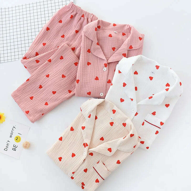 KIMLUD, Love Printed Women's Pajamas Set Sweet Heart 100%Cotton Sleepwear Comfort Double-layer Gauze Lovely Cute Two Piece Set Nightwear, KIMLUD Womens Clothes