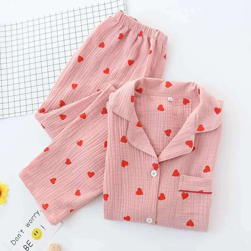 KIMLUD, Love Printed Women's Pajamas Set Sweet Heart 100%Cotton Sleepwear Comfort Double-layer Gauze Lovely Cute Two Piece Set Nightwear, Image Color / XL 65-75KG, KIMLUD APPAREL - Womens Clothes