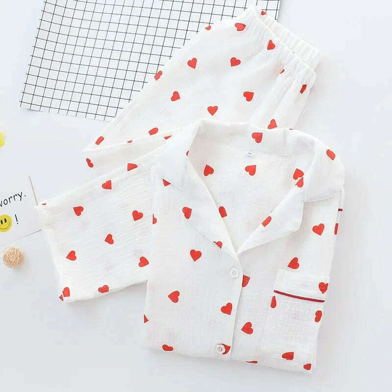 KIMLUD, Love Printed Women's Pajamas Set Sweet Heart 100%Cotton Sleepwear Comfort Double-layer Gauze Lovely Cute Two Piece Set Nightwear, KIMLUD Womens Clothes