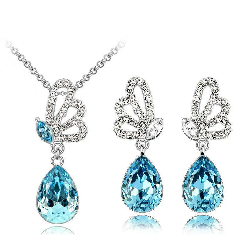 Lovely gift Jewelry set quality hot popular Austrian Crystal Butterfly Pendant women Necklace Earrings accessories, KIMLUD Women's Clothes