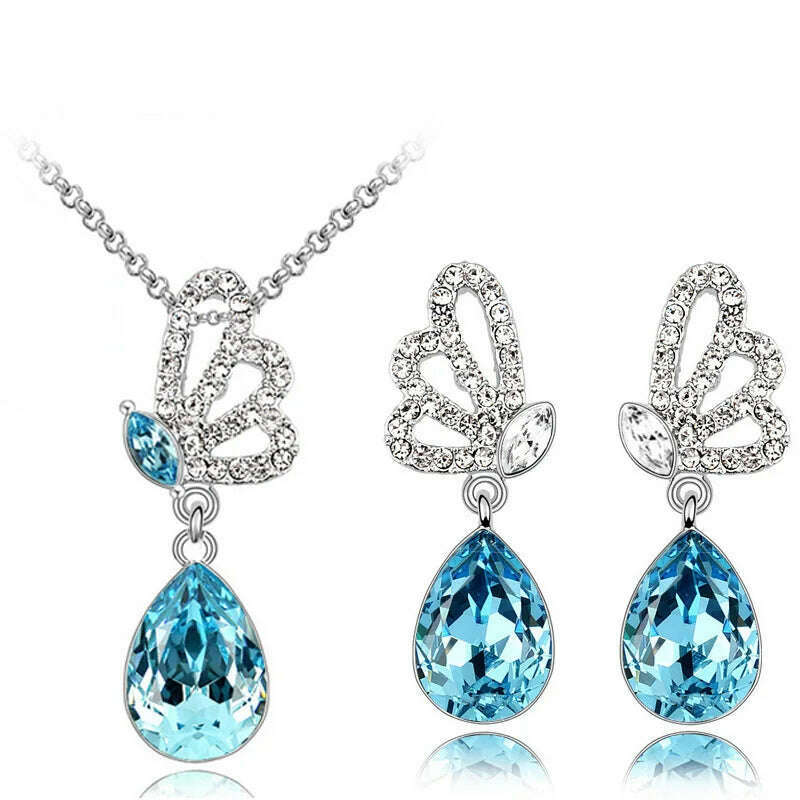 KIMLUD, Lovely gift Jewelry set quality hot popular Austrian Crystal Butterfly Pendant women Necklace Earrings accessories, oceanblue, KIMLUD Womens Clothes