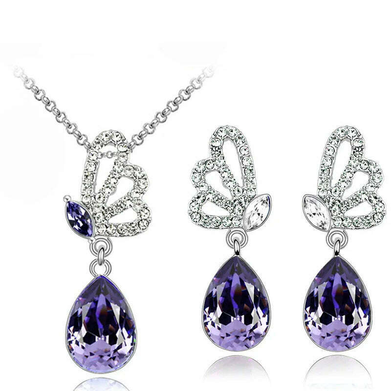 KIMLUD, Lovely gift Jewelry set quality hot popular Austrian Crystal Butterfly Pendant women Necklace Earrings accessories, purple, KIMLUD Womens Clothes