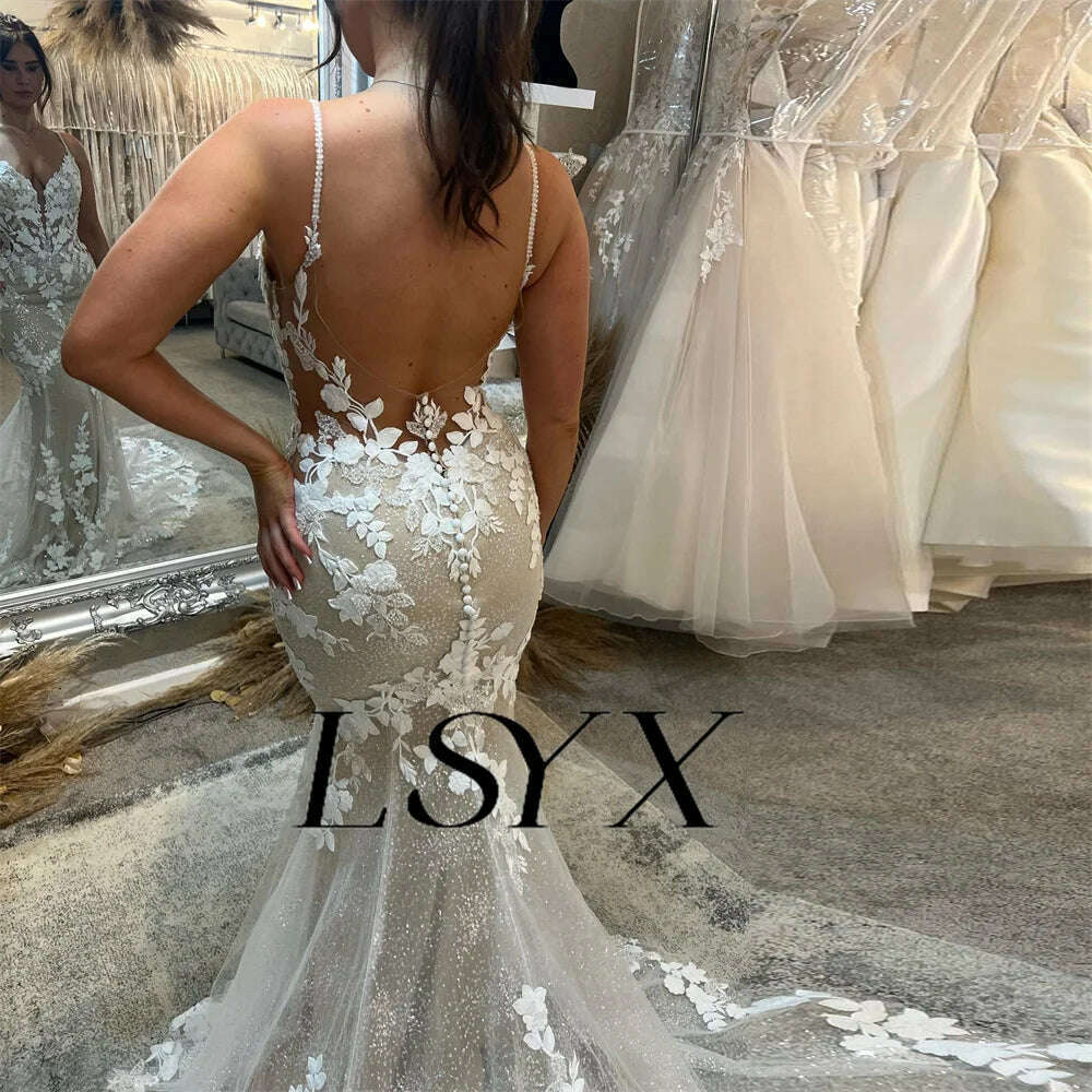 KIMLUD, LSYX Deep V-Neck Sleeveless Appliques Shiny Tulle White Mermaid Wedding Dress 2024 Open Back Court Train Bridal Gown Custom Made, KIMLUD Womens Clothes