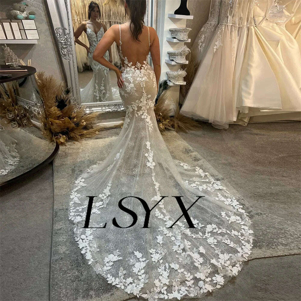 KIMLUD, LSYX Deep V-Neck Sleeveless Appliques Shiny Tulle White Mermaid Wedding Dress 2024 Open Back Court Train Bridal Gown Custom Made, KIMLUD Womens Clothes