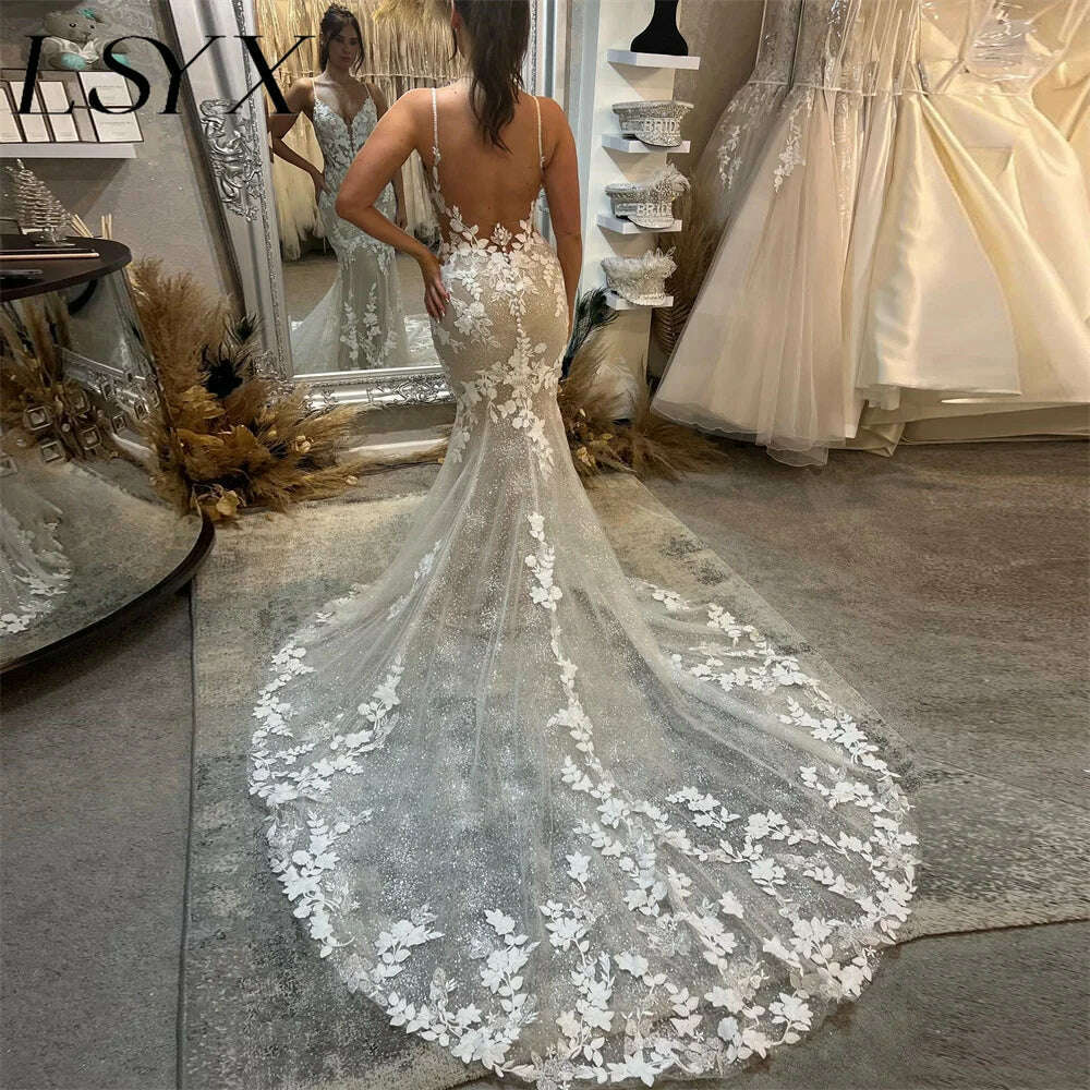 KIMLUD, LSYX Deep V-Neck Sleeveless Appliques Shiny Tulle White Mermaid Wedding Dress 2024 Open Back Court Train Bridal Gown Custom Made, As Picture / CHINA / 20W, KIMLUD Womens Clothes