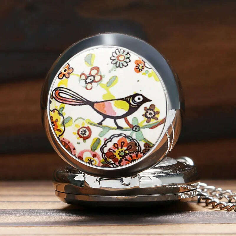 KIMLUD, Lucky Colorful Painting Drawing Cute Bird Small Size Quartz Pocket Watch Womens Lady Girl Beautiful Necklace Pendant Chian Gifts, KIMLUD Womens Clothes