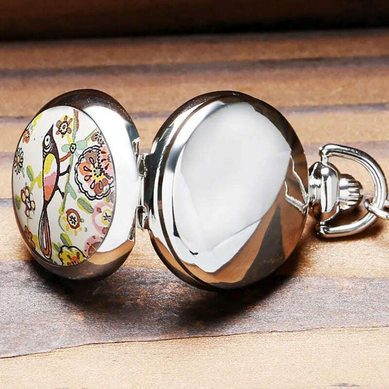 Lucky Colorful Painting Drawing Cute Bird Small Size Quartz Pocket Watch Womens Lady Girl Beautiful Necklace Pendant Chian Gifts - KIMLUD