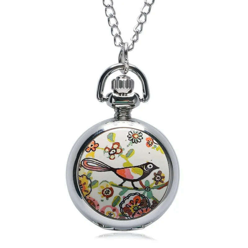 Lucky Colorful Painting Drawing Cute Bird Small Size Quartz Pocket Watch Womens Lady Girl Beautiful Necklace Pendant Chian Gifts - KIMLUD