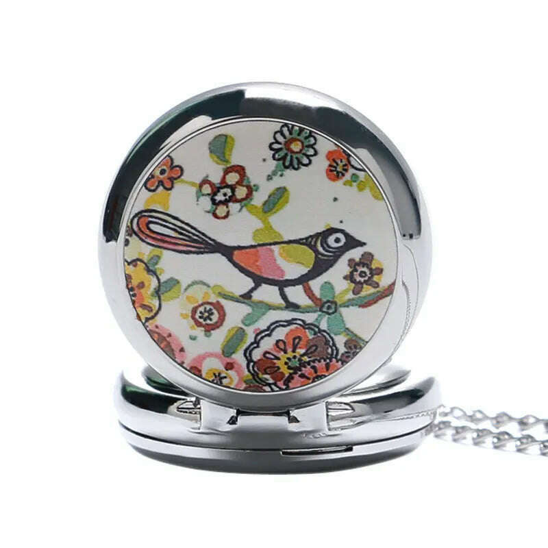 Lucky Colorful Painting Drawing Cute Bird Small Size Quartz Pocket Watch Womens Lady Girl Beautiful Necklace Pendant Chian Gifts - KIMLUD