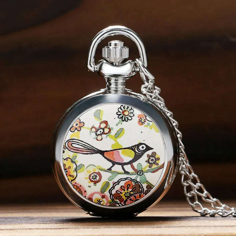 Lucky Colorful Painting Drawing Cute Bird Small Size Quartz Pocket Watch Womens Lady Girl Beautiful Necklace Pendant Chian Gifts, Default Title, KIMLUD Women's Clothes