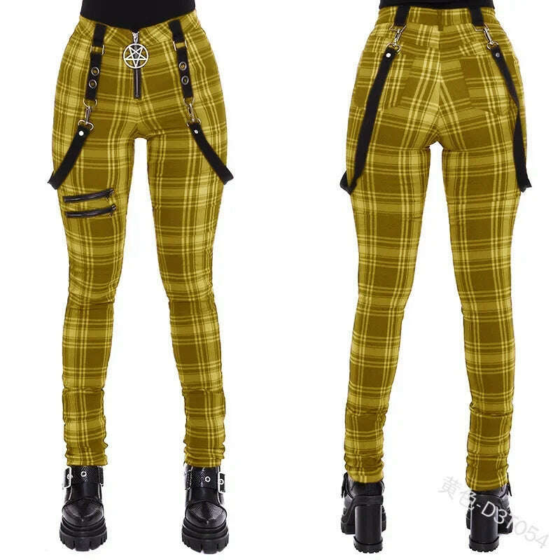 KIMLUD, Lugentolo Women Plaid Pants Zipper Fashion Decorative Overalls Casual Trousers Thin Summer Spring Large Size Long Pencil Cloth, KIMLUD Womens Clothes