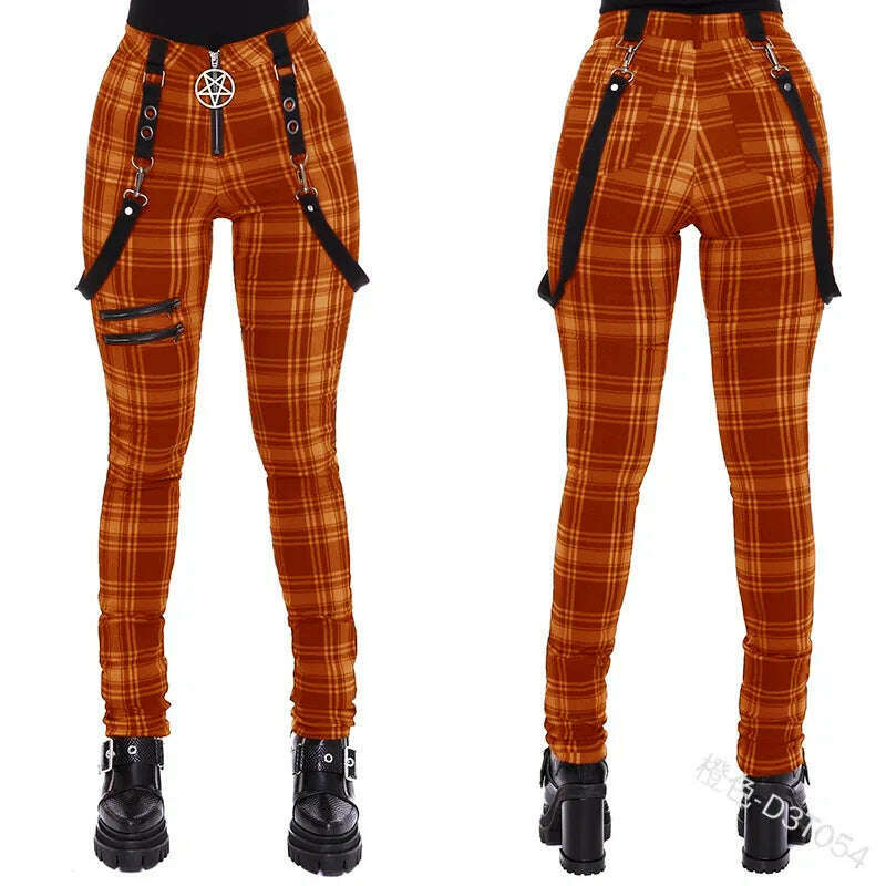 KIMLUD, Lugentolo Women Plaid Pants Zipper Fashion Decorative Overalls Casual Trousers Thin Summer Spring Large Size Long Pencil Cloth, KIMLUD Womens Clothes