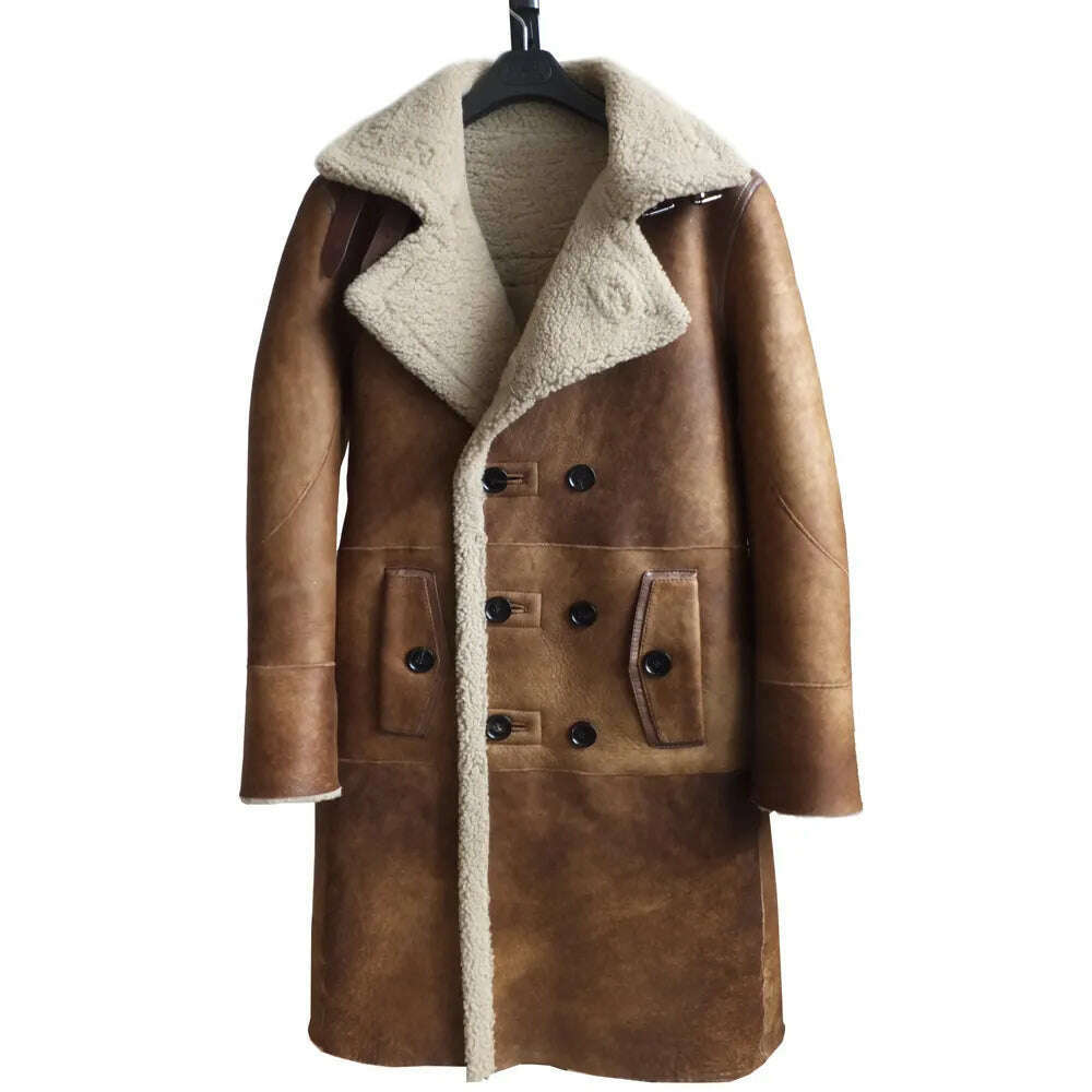 KIMLUD, LUHAYESA Fashion Real Sheepskin Fur Coat Genuine Leather Male Formal Winter Long Thick Jacket Sheepskin Shearling Men Fur Coat, KIMLUD Women's Clothes