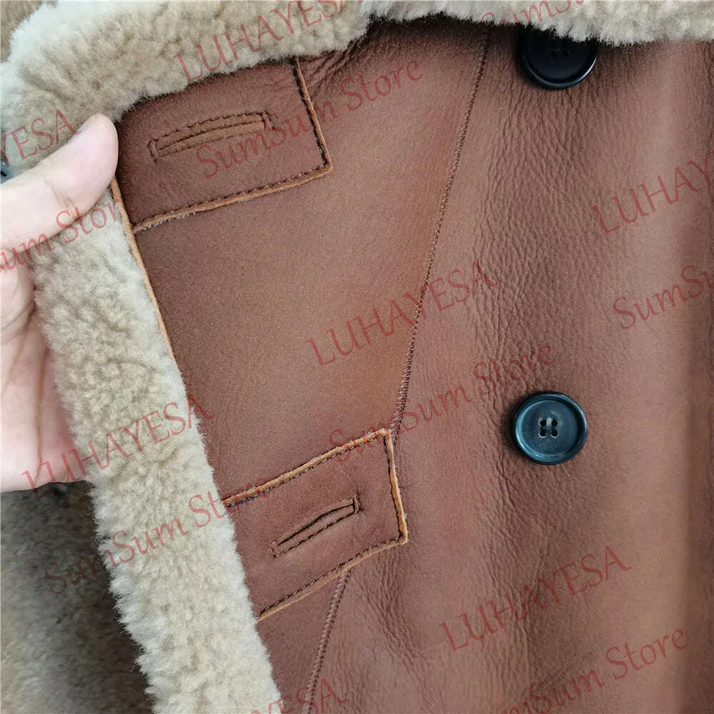 KIMLUD, LUHAYESA Fashion Real Sheepskin Fur Coat Genuine Leather Male Formal Winter Long Thick Jacket Sheepskin Shearling Men Fur Coat, KIMLUD Womens Clothes