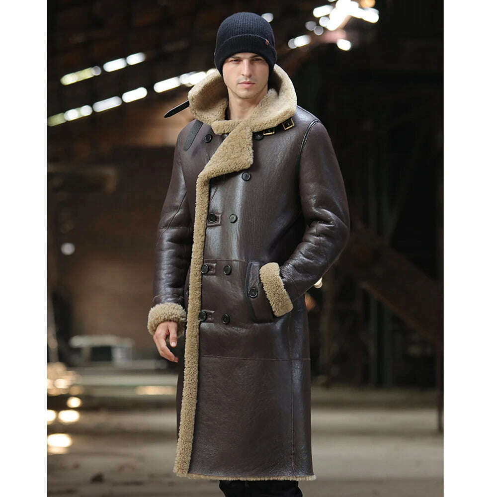 KIMLUD, LUHAYESA Fashion Real Sheepskin Fur Coat Genuine Leather Male Formal Winter Long Thick Jacket Sheepskin Shearling Men Fur Coat, Dark Brown 110cm / M, KIMLUD Womens Clothes