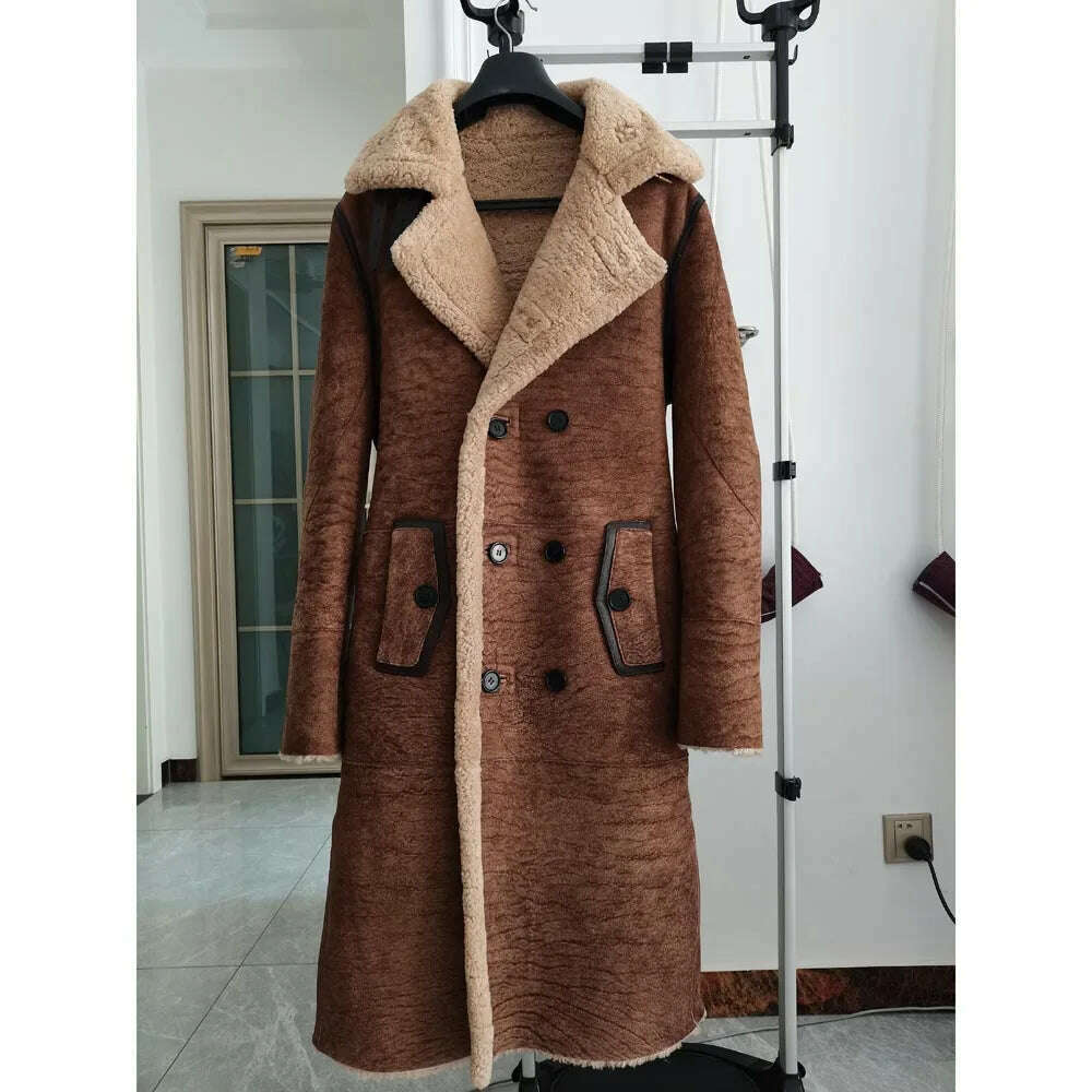 KIMLUD, LUHAYESA Fashion Real Sheepskin Fur Coat Genuine Leather Male Formal Winter Long Thick Jacket Sheepskin Shearling Men Fur Coat, Camel Brown 110cm / XXXL, KIMLUD Womens Clothes