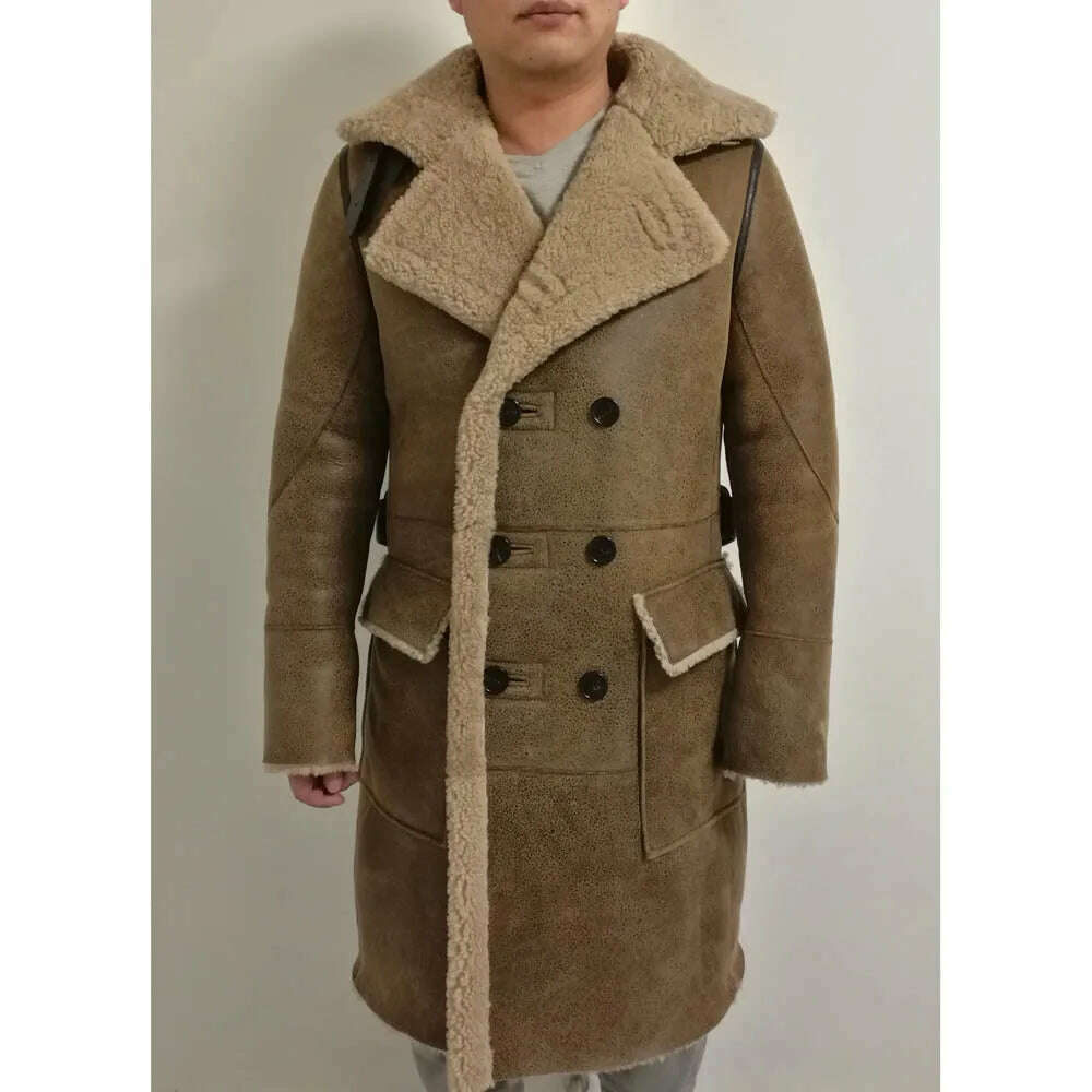 KIMLUD, LUHAYESA Fashion Real Sheepskin Fur Coat Genuine Leather Male Formal Winter Long Thick Jacket Sheepskin Shearling Men Fur Coat, Beige Brown 100cm / M, KIMLUD Womens Clothes