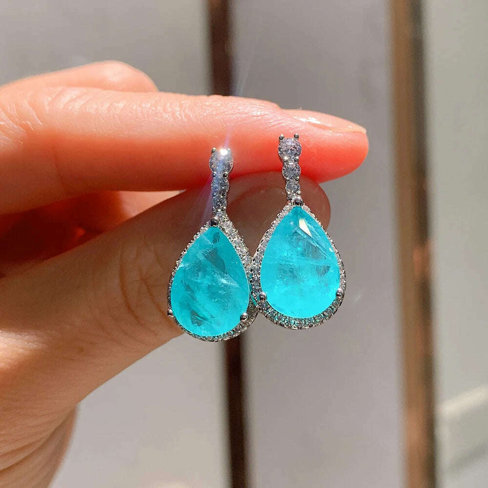 KIMLUD, Luomansi Luxury 925 Sterling Silver Paraiba Tourmaline Gemstone Earrings/Pendant/Necklace/Ring Wedding Jewelry Sets Wholesale, Earrings, KIMLUD APPAREL - Womens Clothes