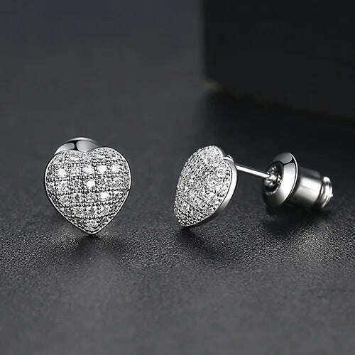 KIMLUD, LUOTEEMI Lovely Small Heart Stud Earrings for Women Girls Dating Shiny Cubic Zircon Fashion Jewelry Friend Tiny Christmas Gifts, White Gold, KIMLUD APPAREL - Womens Clothes